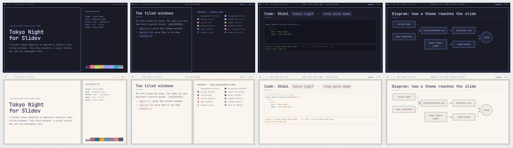 Four slides of the Tokyo Night theme's example deck, in dark mode on top and light mode below: the cover, two tiled windows with the colour palette, a code slide and a diagram, all in a monospace font with thin borders and a status bar